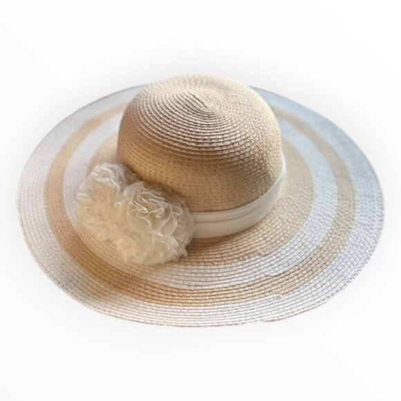 Isaac Mizrahi Live Wide Brim Straw Sun Hat Cream Flower Accent Summer Beach main image 4